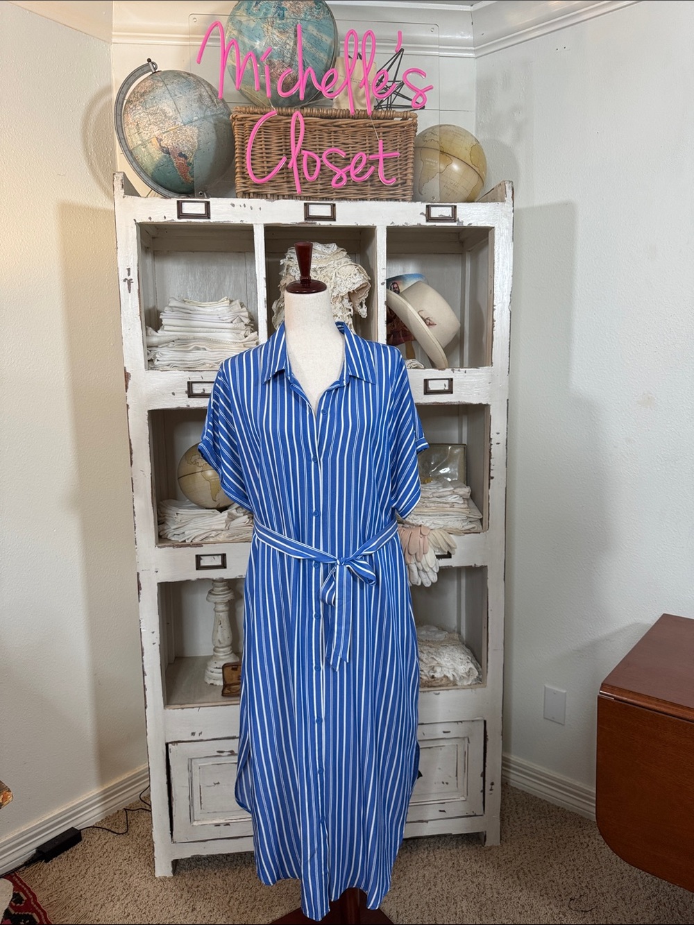 Daily Thread Striped Blue Shirt Dress with Tie Waist
